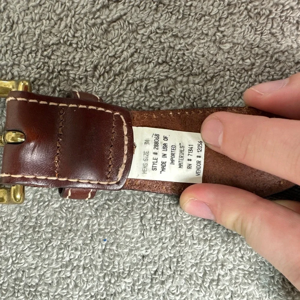 LL Bean Size 34 Woven Elastic Belt Brown Leather Brass Buckle Made in USA